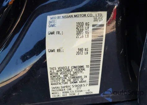 2015 Nissan Altima 2.5 Sl z USA, uszkodzony, nr VIN 1N4AL3AP8FC590857